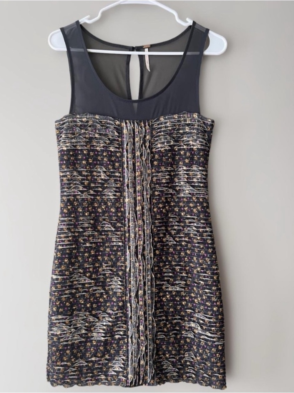Free People Women's Gray Floral Mesh Ruffle Shimmy Bodycon Mini Dress Size S